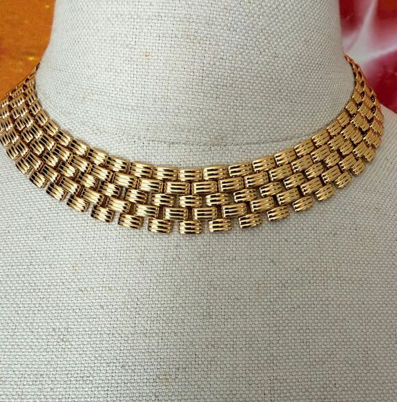Gold Weave Collar Necklace Jewelry - Vintage Gold Tone Basket Weave Bib Collar Statement Necklace